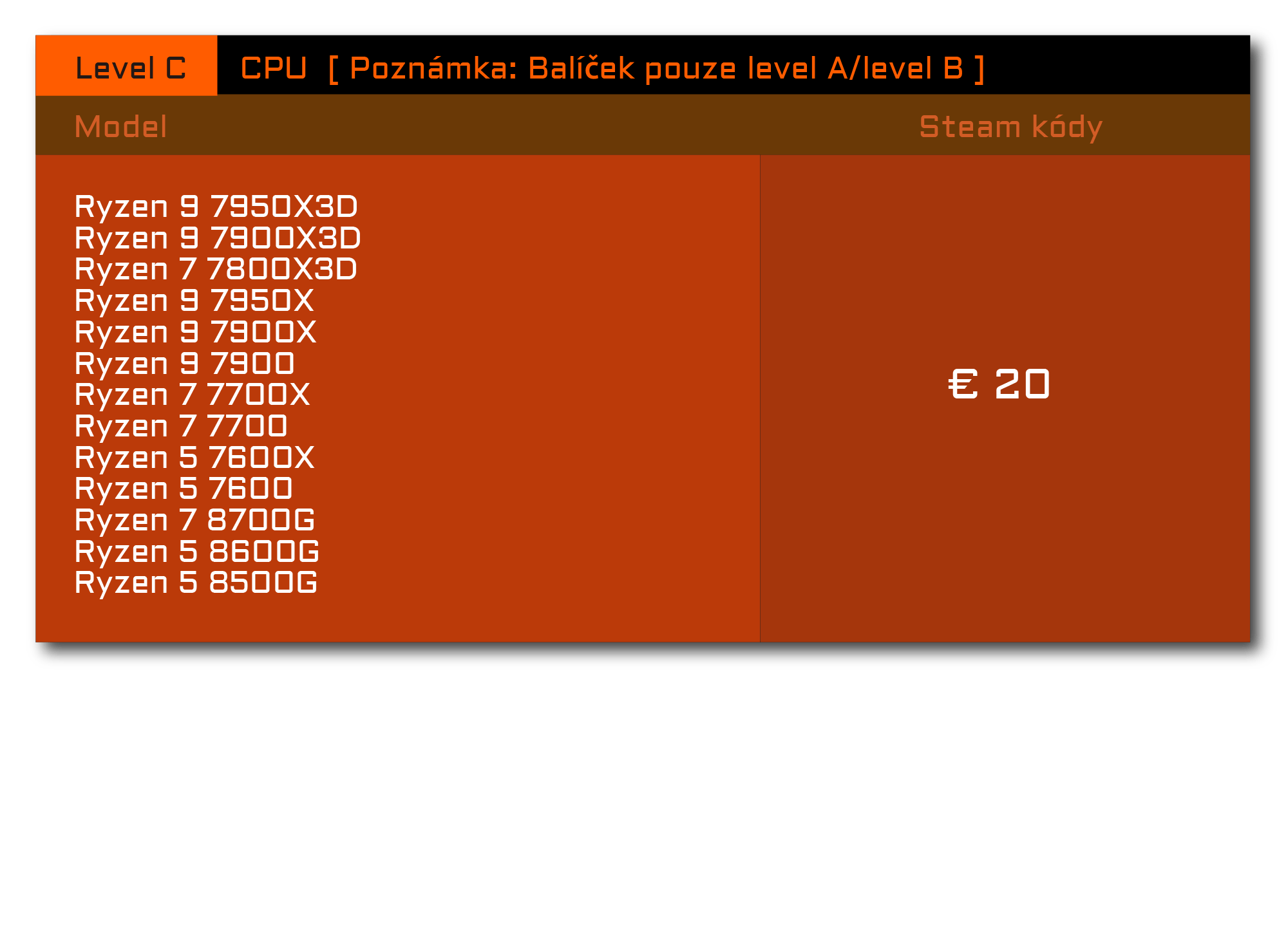 Seznam produktů v balíčku - Level C - CPU - Poznámka: Balíček pouze level A/level B
